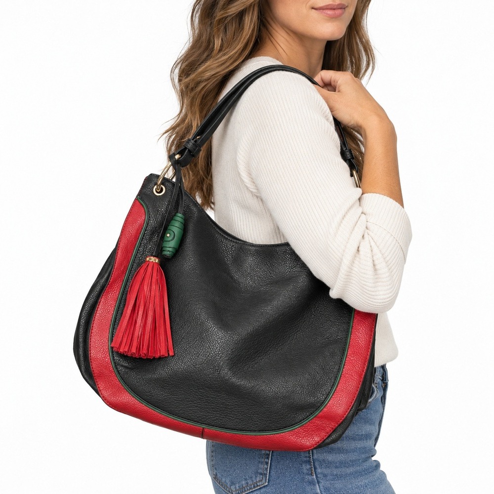 Hobo Bag Women Large Black Red Green Stripe Tassel Vegan Leather